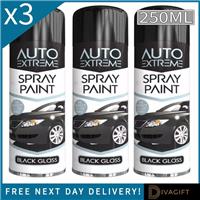 3 x BLACK GLOSS AEROSOL SPRAY PAINT 250ML CAR AUTO EXTREME FOR METAL PLASTIC NEW