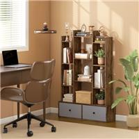 HOMCOM 12-Tier Bookshelf, Bookcase w/ 2 Folding Drawer, Rustic Brown Refurbished