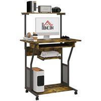 HOMCOM Rolling Computer Desk with Keyboard Tray, Rustic Brown,Refurbished