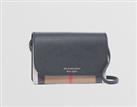 BURBERRY - Hampshire Bag - Black Leather Beige Check Canvas Crossbody New&Tags