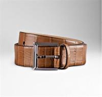 BURBERRY - Belt - Brown Beige Alligator Leather Silver Buckle Size 75cm 30in