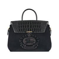 BURBERRY -Catherine Bag- Medium Black Velvet & Croc Embossed Leather Zip Tote