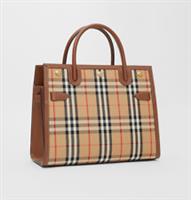 Burberry - Title Bag - Brown Leather Beige Check Canvas Crossbody Tote - Mini