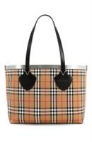 BURBERRY - Tote Bag - Black Leather | Beige Check Canvas | Silver Trim NEW&TAGS