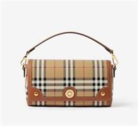 Burberry -Top Handle Note Bag- Beige Check & Brown Leather Crossbody - New&Tags