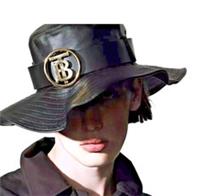 BURBERRY Genuine Black Leather TB Monogram Desert Hat Size S 56 Cm Panama NEW
