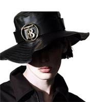 BURBERRY Genuine Black Leather TB Monogram Desert Hat Panama Size M 57 Cm NEW