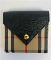 New Burberry Woman Small Trifold Wallet Beige, Black Nova Check Canvas Leather