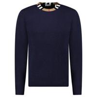 Burberry 'Noland' Knitted Wool/ Cashmere Jumper Check Neck Navy