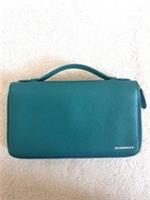 New Burberry Teal Green Grained Continental Leather Zipped Wallet Organizer