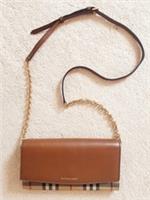 New Burberry Peyton Beige Brown House Check Canvas Fabric Leather Crossbody Bag