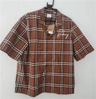 BURBERRY London Camp Collar Logo Embroidered Checked Cotton Shirt RRP £525 Brown - M Regular