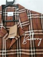 BURBERRY London Camp Collar Logo Embroidered Checked Cotton Shirt RRP &pound;525 Brown - M Regular