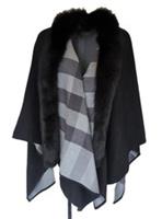 Burberry Poncho Merino Wool Fox Fur Trim Check Black & Grey One Size - One size Regular