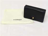 Burberry Lark Black Grained Leather Gold TB Logo Compact Trifold Wallet Purse