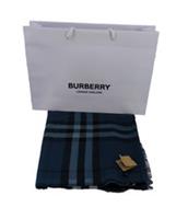Burberry Scarf New 215 x 70 cm Check Cadet Blue Wool & Silk Italy