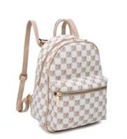 Women's Beige Medium Check Leather Look PU Zip Pocket Shoulder Strap Backpack.