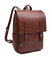 Women's Brown Rectangular Leather Look PU Buckle Detail Zip Pockets Backpack.