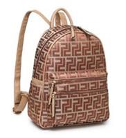 New Women Brown Graphic Leather Look PU Double Zip Pockets Backpack. More Colors