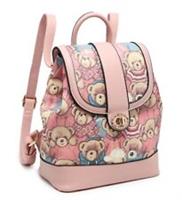 Women's Pink Bears Graphic Leather Look PU Small Backpack. More Colours