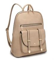 Women's Beige Medium Leather Look PU Bellow Zip Pockets Backpack. More Colours