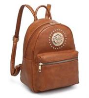 Women's Small Golden Lion Face Diamante Leather Look PU Zip Pockets Backpack.