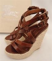 BURBERRY Brown Leather Espadrille Wedge Sandals Heels UK5 38 US8 New