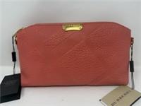 Burberry Salisbury Clutch Bag Rose Pink Leather Grain Check Gold Zip Strap