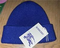 Genuine Burberry Beanie Hat Blue Ribbed Cashmere New