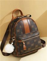 Womens Brown PU Leather Backpack Casual Letter Pattern Rucksack with Pendant