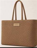 Burberry Brown Paper Straw Knit Tote Bag, Logo Accent, Rectangle, Double Handles