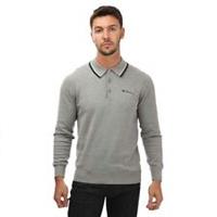 Men's Ben Sherman Cotton Long Sleeve Knit Polo Shirt in Grey - S Regular