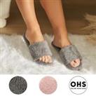 OHS Teddy Fleece Sliders Open Toe Plush Soft Warm Slip On Womens Lounge Slippers