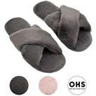 OHS Ladies Faux Rabbit Fur Sliders Slippers Warm Casual Open Toe Cross Over Band