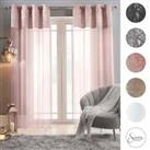 Sienna Crushed Velvet Voile PAIR of Net Eyelet Ring Top Curtains Blush Silver