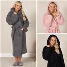 Teddy Fleece Long Dressing Gown Ladies Warm House Coat Hooded Long Cosy Robe - One Size Fits Most - 