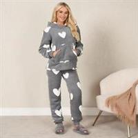 Ladies Fleece Pyjama Set Soft Sherpa Womens PJ Heart Lounge Pants Warm Nightwear