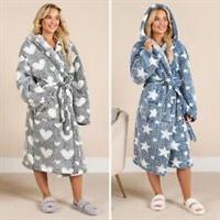 Teddy Dressing Gown Marl Heart Star Ladies Warm Soft Cosy Womens Longewear Robe - One Size Regular