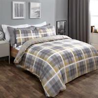 Dreamscene Denim Check Duvet Cover with Pillowcase Tartan Bedding Set Ochre Grey