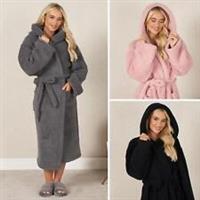 Teddy Fleece Long Dressing Gown Ladies Warm House Coat Hooded Long Cosy Robe - One Size Fits Most - Adults Men Women Regular