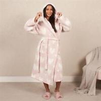 Heart Dressing Gown Soft Teddy Marl Fleece Hooded Ladies Long Warm Robe Womens