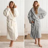 Luxury Fleece Dressing Gown Robe Plush Womens Supersoft Hooded PJ Cosy Loungwear - One Size Regular