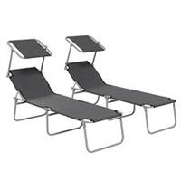 Outsunny Folding Sun Lounger Set of 2 w/ Sunshade Adjustable Backrest Grey