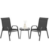 Outsunny 3PCs Bistro Set with Breathable Mesh Fabric Stackable Chairs Black