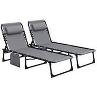 Outsunny 2 PCs Lounger Folding Reclining Camping Bed 5-position Adjustable Grey