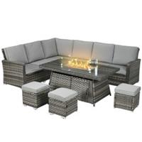 Outsunny 7 Pieces Rattan Garden Furniture Set w/ 50,000 BTU Fire Pit Table