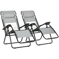 Outsunny Foldable Garden Recliner Chair Set of 2 w/ Footstool & Headrest, Grey