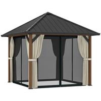 Outsunny 3 x 3(m) Metal Hardtop Gazebo with Netting and Curtains, Walnut