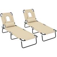 Outsunny Folding Sun Lounger Set of 2 Reclining Chair with Reading Hole Sand