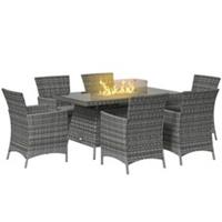 Outsunny Rattan Dining Set with Fire Pit Table and Armchairs, Grey